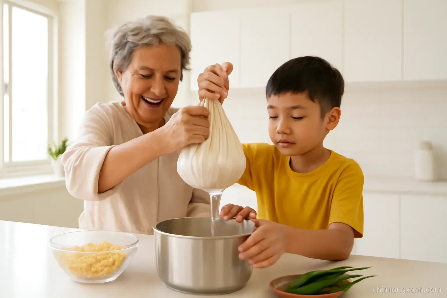 Wide angle of a Vietnamese grandmother and grandson straining fresh soy milk through a cloth bag into a pot, soybeans and pandan nearby, airy white kitchen, morning sunlight, soft beige tones
