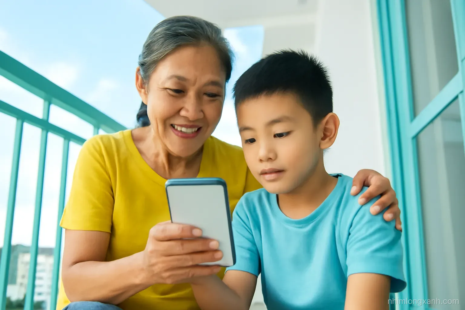 Low angle shot of a Vietnamese grandmother and her grandson sitting on a balcony looking at a phone together, glowing empty screen, bright daylight, teal and yellow tones