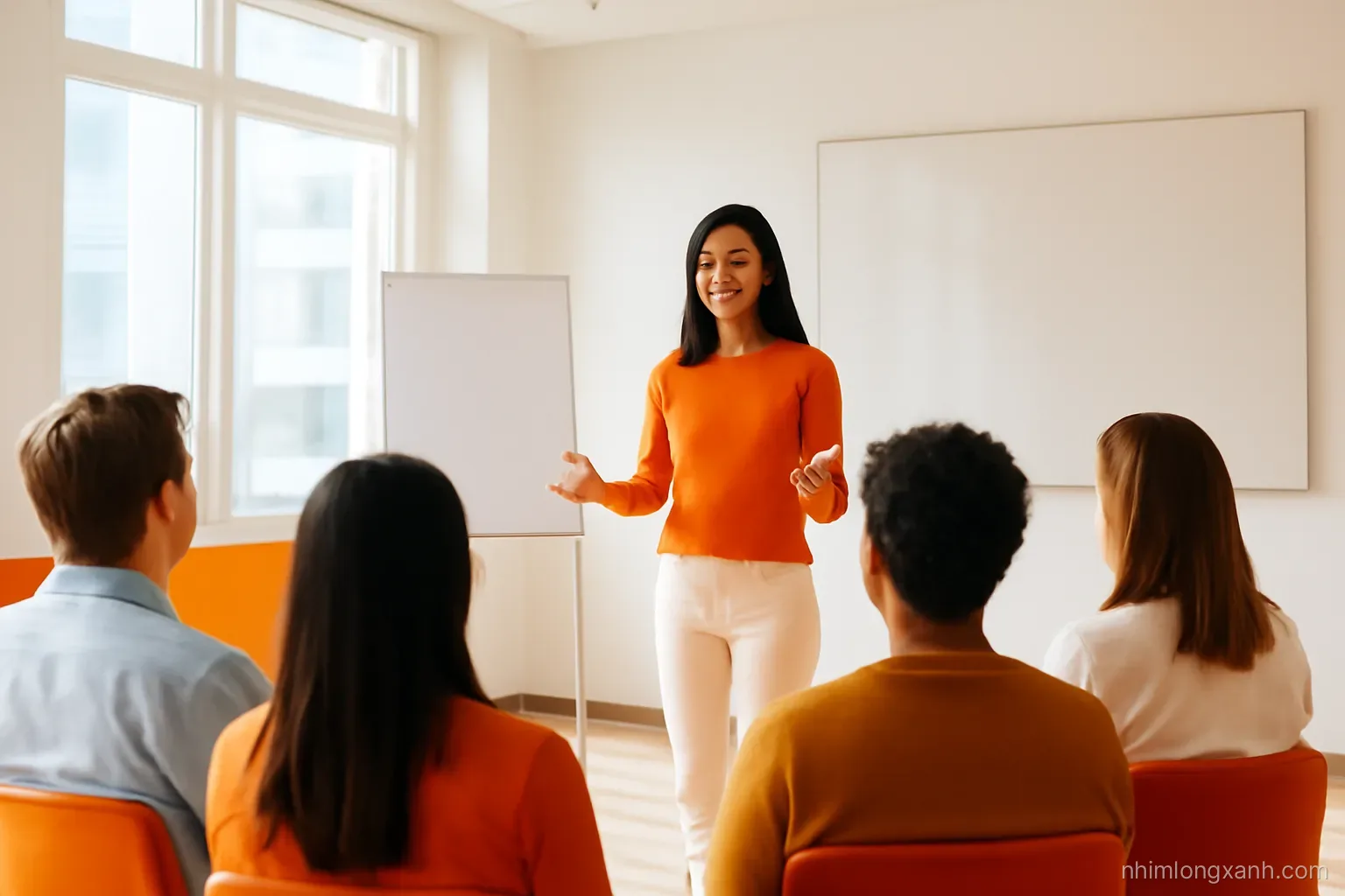 Wide shot from the back of a small bright seminar room, a young Vietnamese woman standing confidently speaking to a seated audience, warm sunlight through large windows, orange and white palette