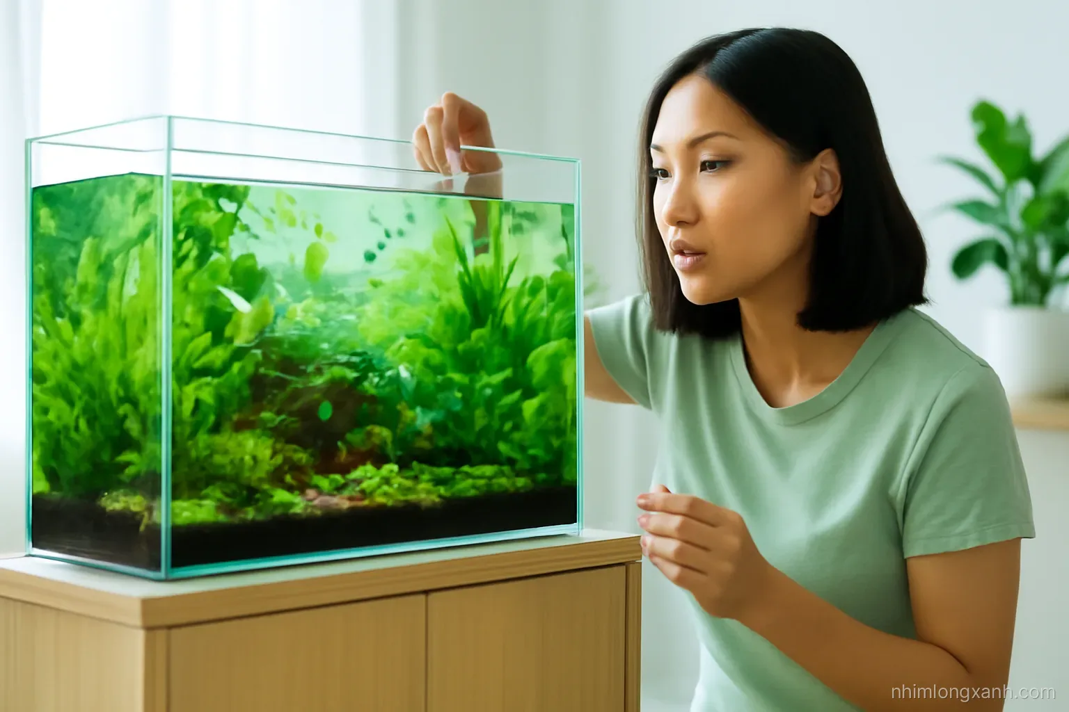 Eye-level view of a lush planted freshwater aquarium with tiny neon fish on a light oak cabinet, a young Vietnamese woman testing water with a dropper, green and aqua tones