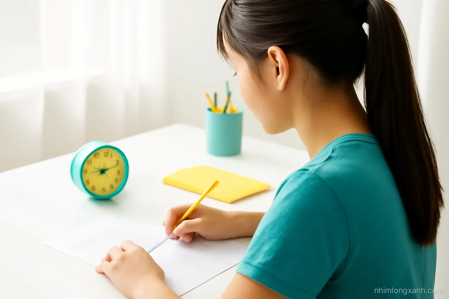 Over-the-shoulder view of a Vietnamese teenage girl solving practice problems at a bright white desk with a small analog timer, teal and sunny yellow tones, afternoon light