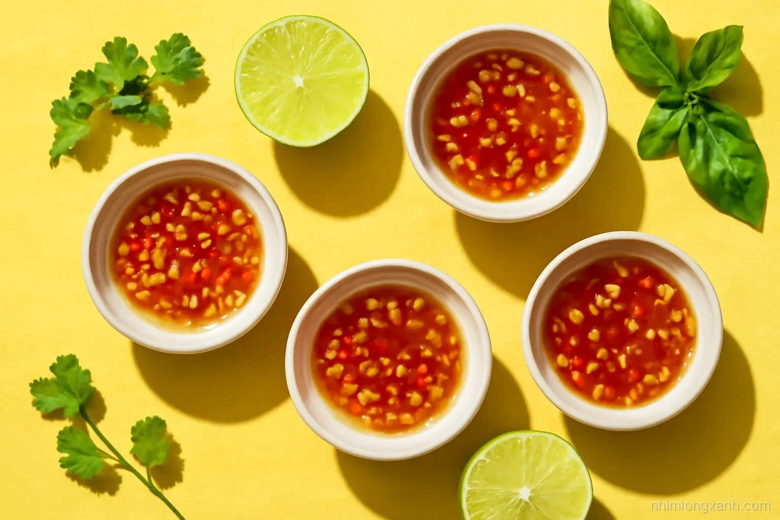 Flat lay of several small ceramic bowls of amber fish sauce dip with floating minced garlic and red chili, lime halves and herbs on a sunny yellow tablecloth, high-key light