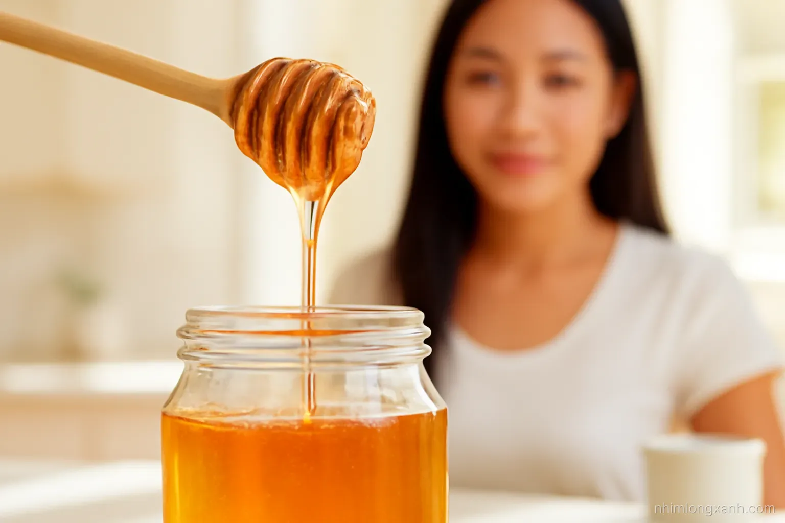 Close-up macro of golden honey dripping from a wooden dipper into a clear glass jar, a Vietnamese woman blurred behind on a sunny kitchen counter, warm amber and white tones