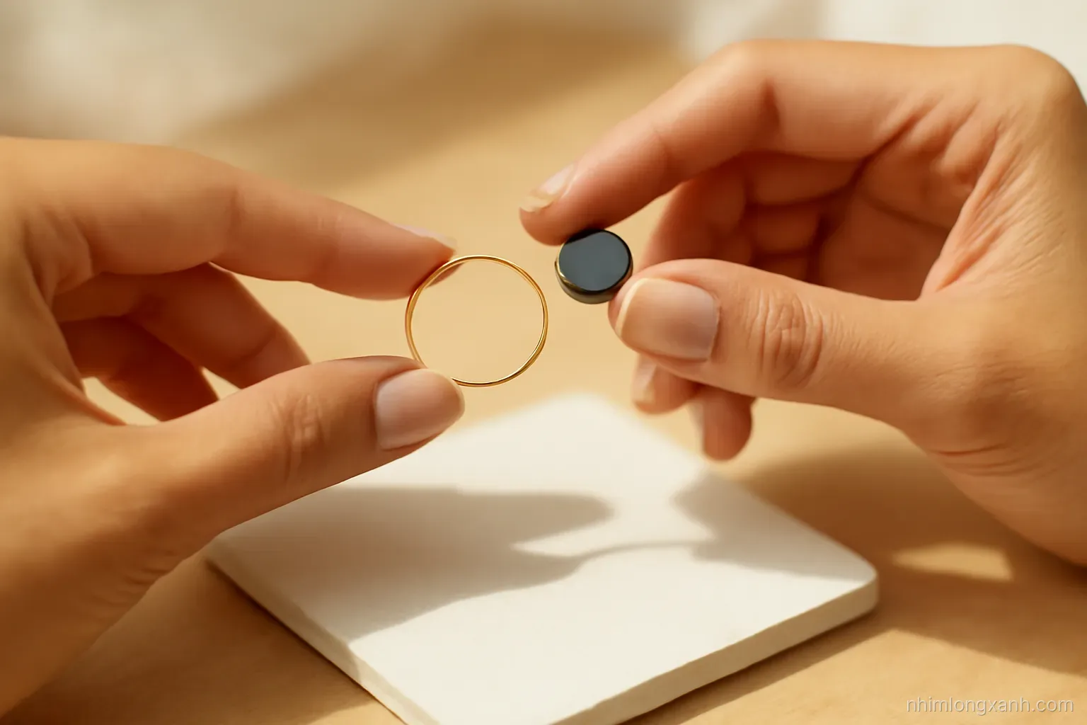 Close-up macro of a Vietnamese woman's hands holding a thin gold ring beside a small neodymium magnet and a white unglazed ceramic tile, warm window light, amber and cream tones