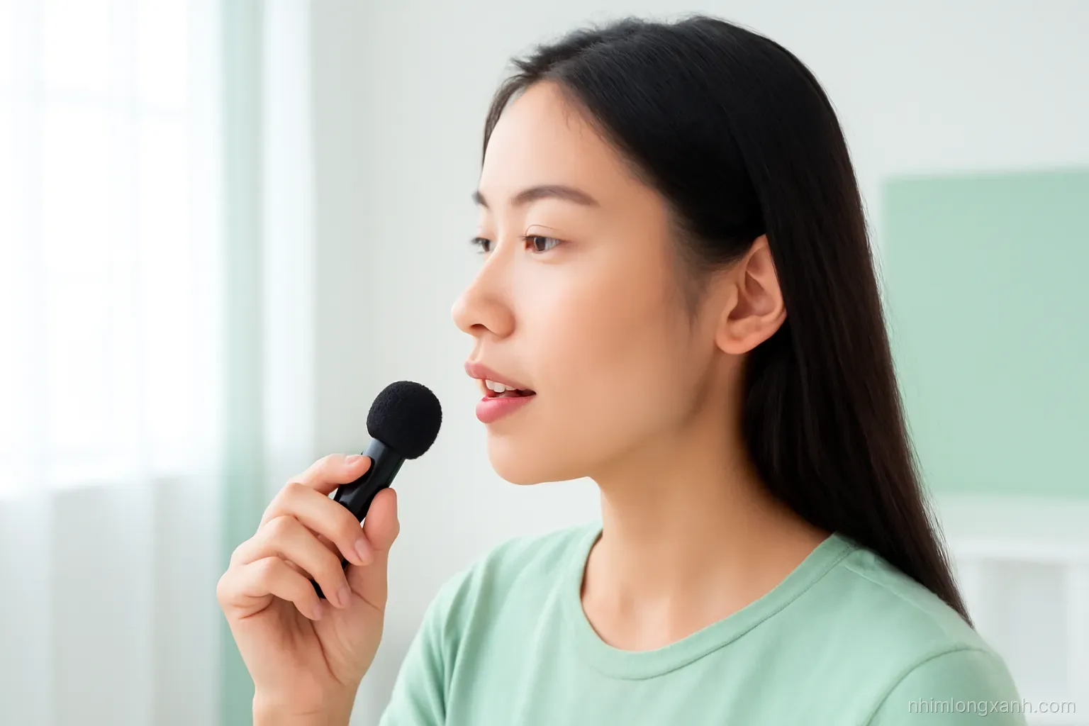 Close-up side view of a Vietnamese young woman recording her voice with a small handheld microphone in a bright minimalist room, lips mid-word, soft daylight, white and mint green palette