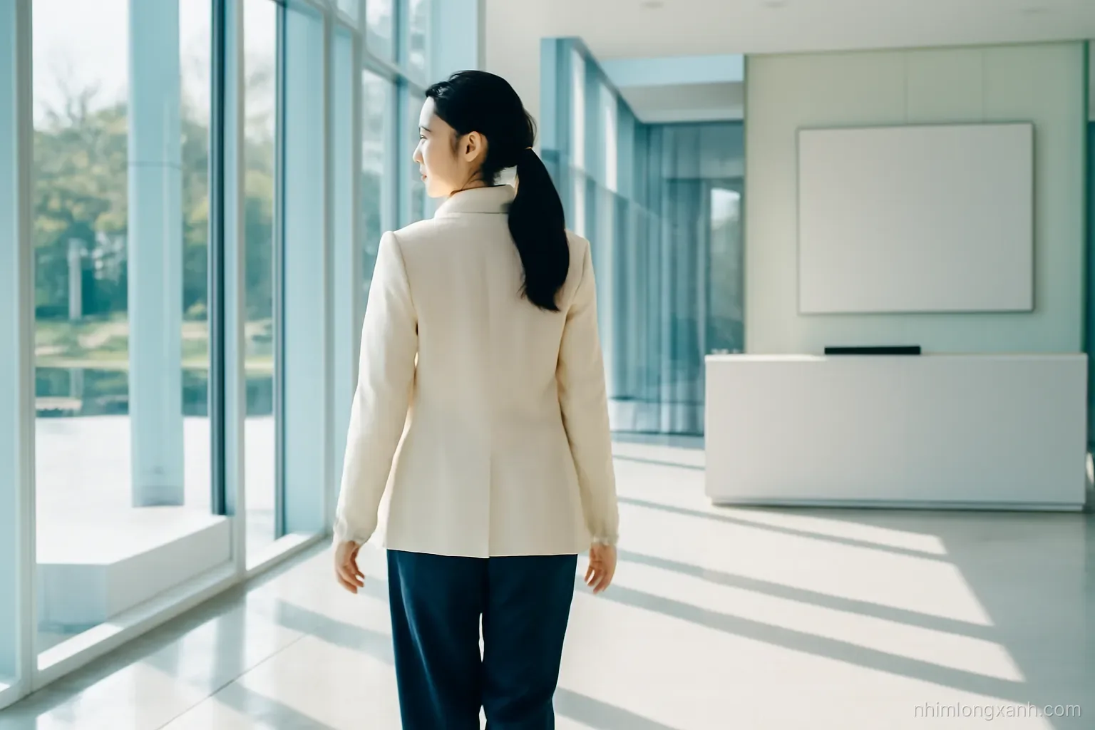 Over-the-shoulder shot of a young Vietnamese woman in a cream blazer and navy wide trousers walking through a bright glass office lobby, morning sunlight, clean navy and cream tones