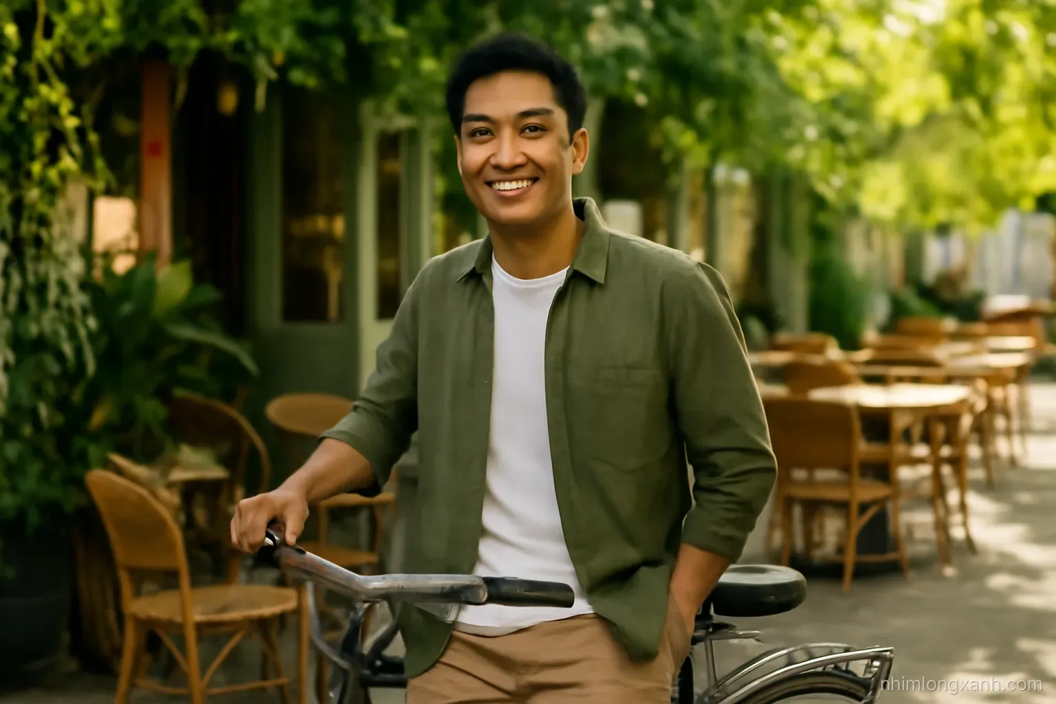 Medium shot of a smiling Vietnamese man in an olive overshirt, white tee and beige chinos leaning on a bicycle in a leafy street cafe, golden afternoon light, earthy greens