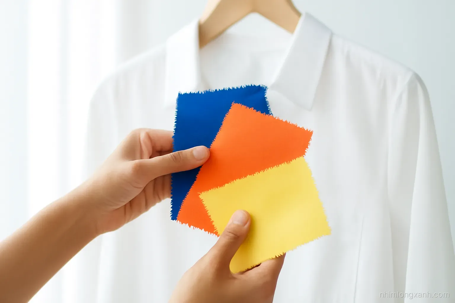 Close-up of a Vietnamese stylist's hands holding cobalt blue, tangerine and butter yellow fabric swatches against a crisp white shirt on a rack, bright studio daylight, shallow depth of field, vivid modern palette