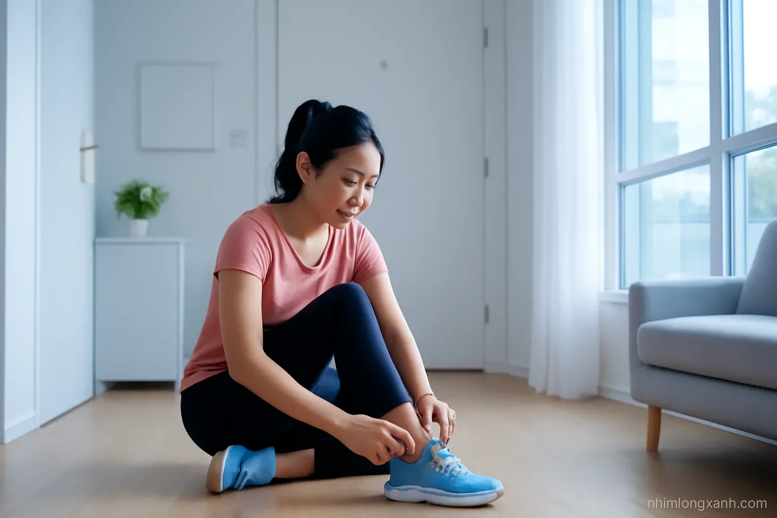 Wide shot of a young Vietnamese woman lacing running shoes at the front door of a tidy apartment at dawn, soft blue morning light, clean white walls, calm atmosphere