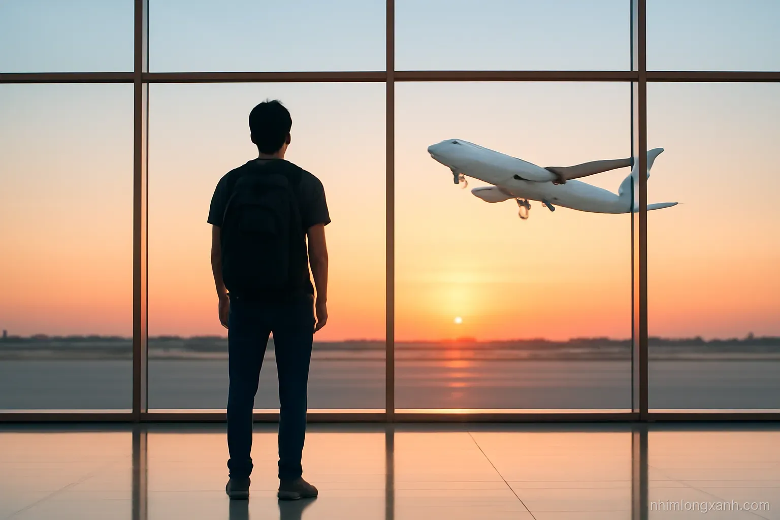 Silhouette from behind of a Vietnamese young man with a backpack standing at a tall airport glass wall watching a white airplane take off at sunrise, warm orange sky, glossy reflective floor