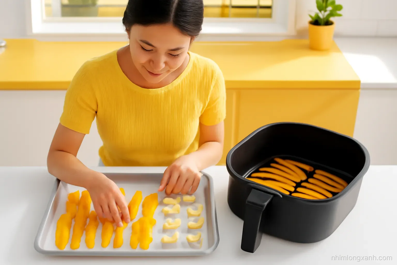 Side-angle shot of a smiling Vietnamese woman lifting a wire rack of glossy dried mango strips and banana slices from a compact oven, air fryer beside, bright modern kitchen, sunny yellow and white