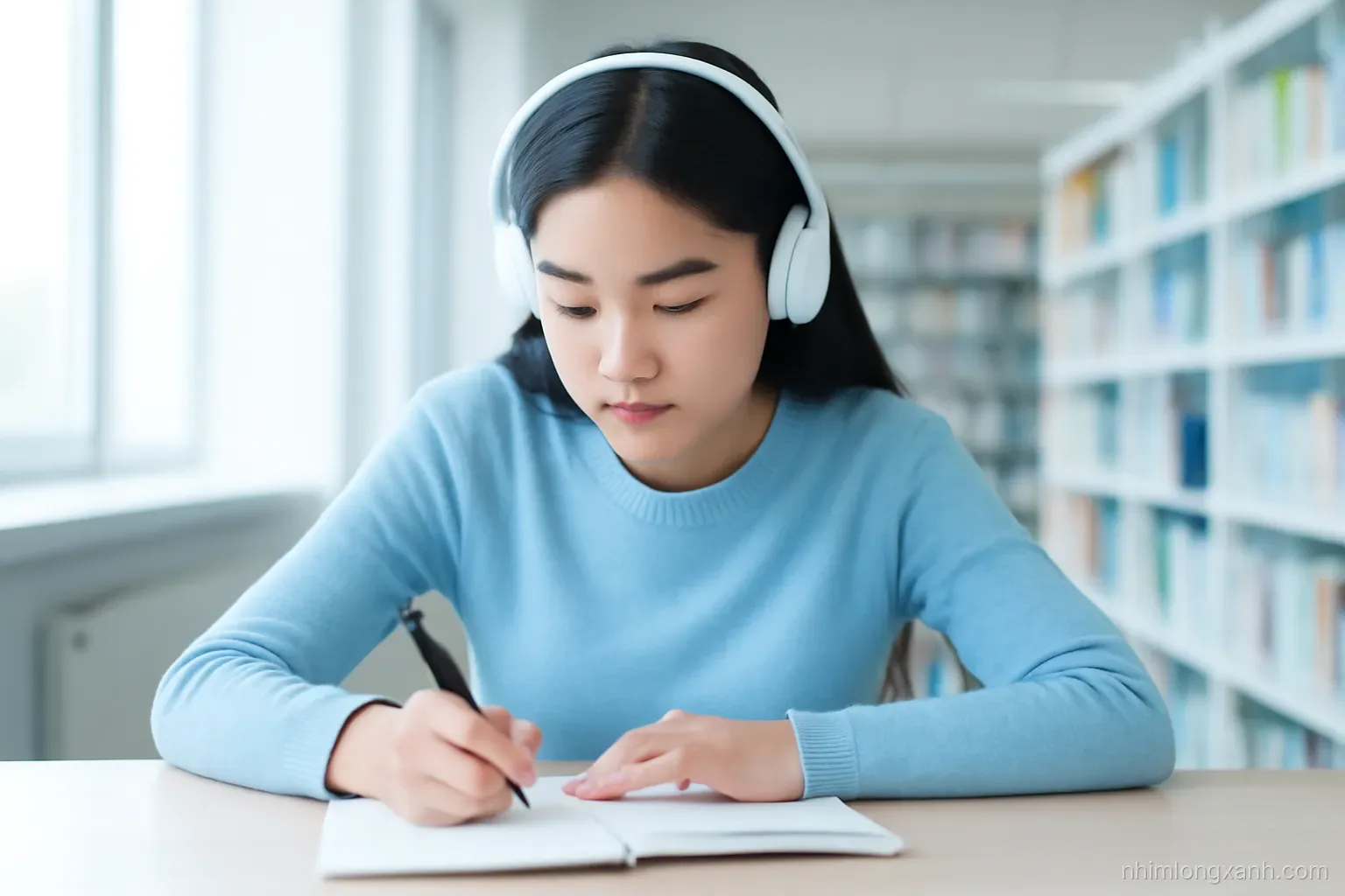 Close-up of a Vietnamese university student wearing headphones, focused on handwriting in a notebook at a library table, phone placed face down far away, soft daylight, blue and white tones