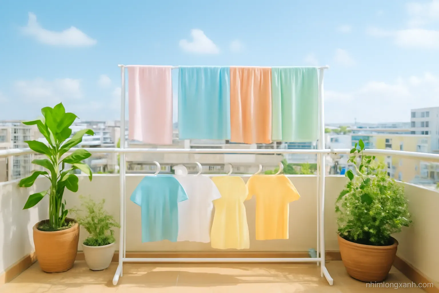 Wide shot of a sunny Vietnamese balcony with pastel towels and children clothes drying on a rack, potted plants, clear sky, airy fresh morning colors