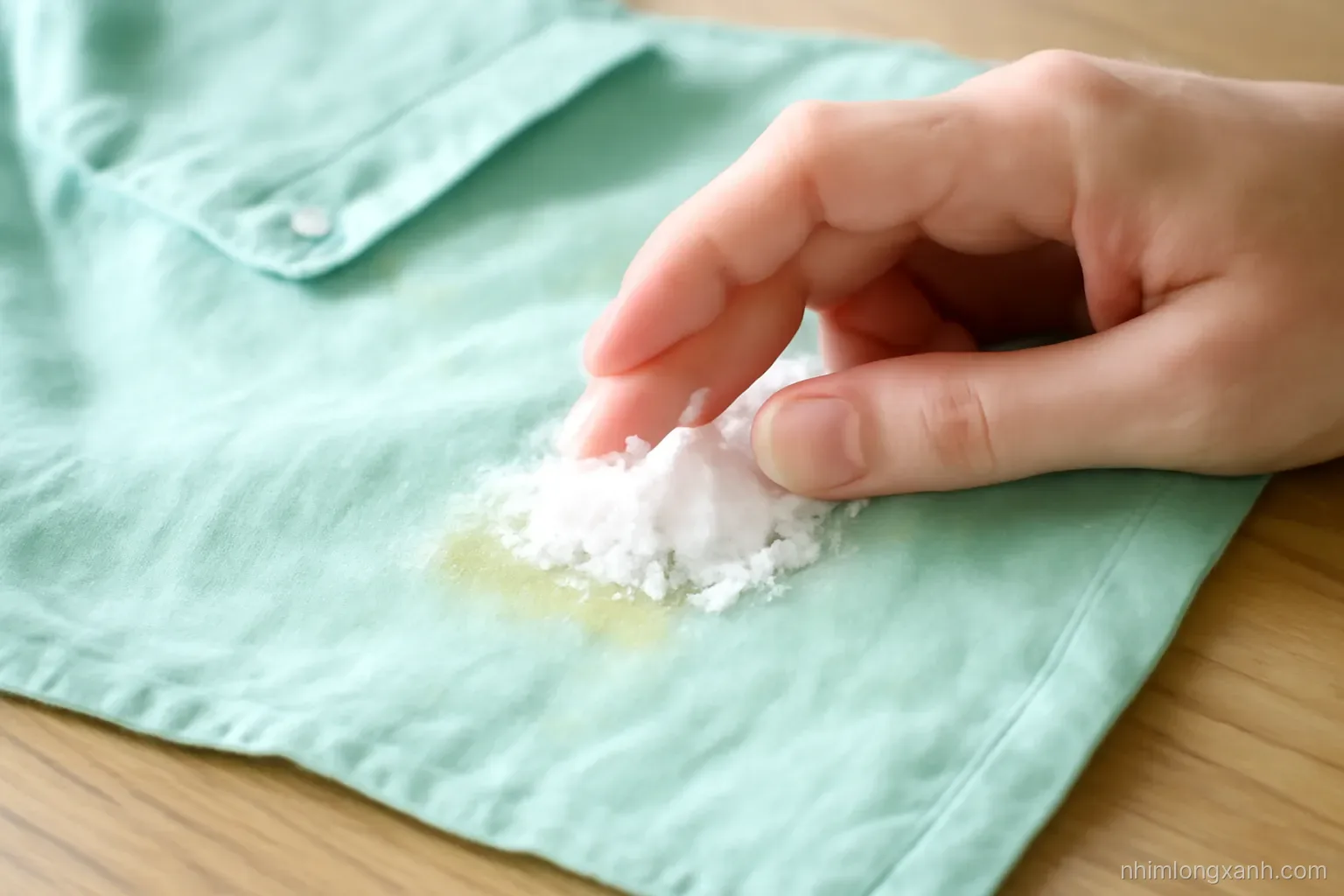 Close-up macro of a hand pressing cornstarch powder onto an oil spot on a mint green linen shirt, wooden table, soft side window light