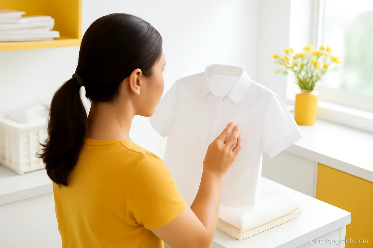 Over-the-shoulder view of a Vietnamese mother dabbing a white school shirt with a cotton pad, folded towel underneath, bright airy laundry corner with yellow accents