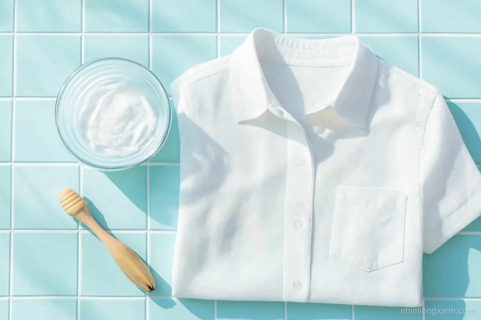 Top-down flat lay of a white cotton shirt on a pale blue tiled counter, a glass bowl of baking soda paste and a soft brush beside it, bright morning light