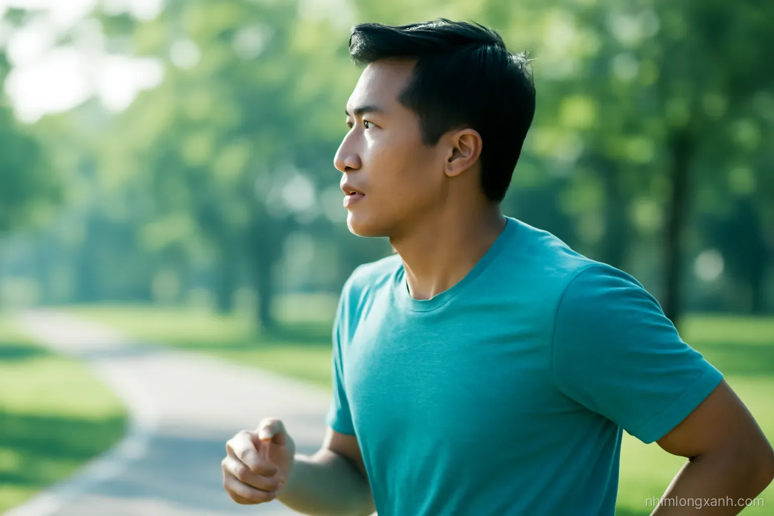 Close-up side profile of a Vietnamese man in his thirties running on a park track, exhaling calmly, blurred green trees behind, bright morning light, teal and white palette