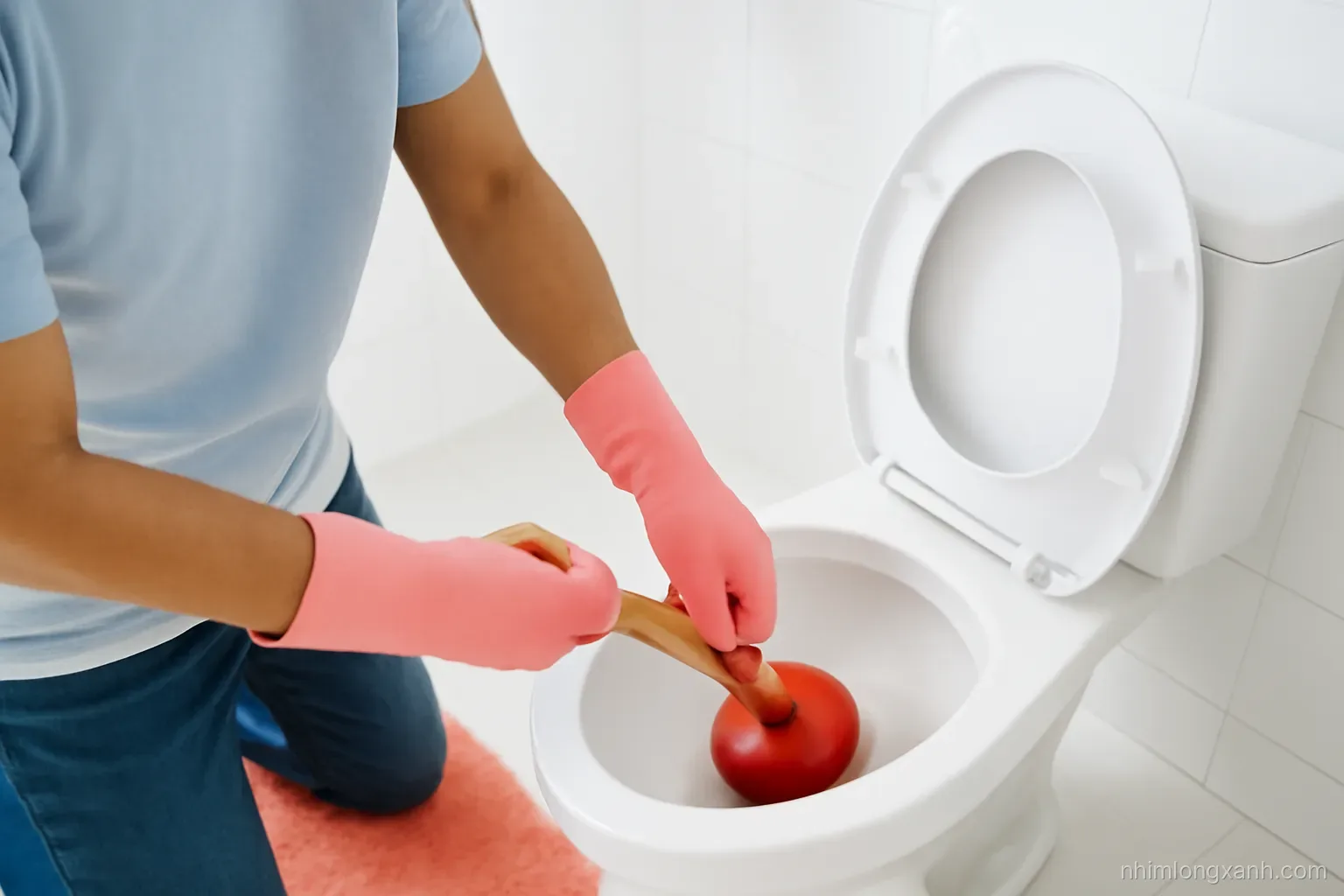 Gloved hands of a Vietnamese man using a red rubber plunger on a white toilet in a clean bright bathroom, close-up from above, crisp white and coral tones