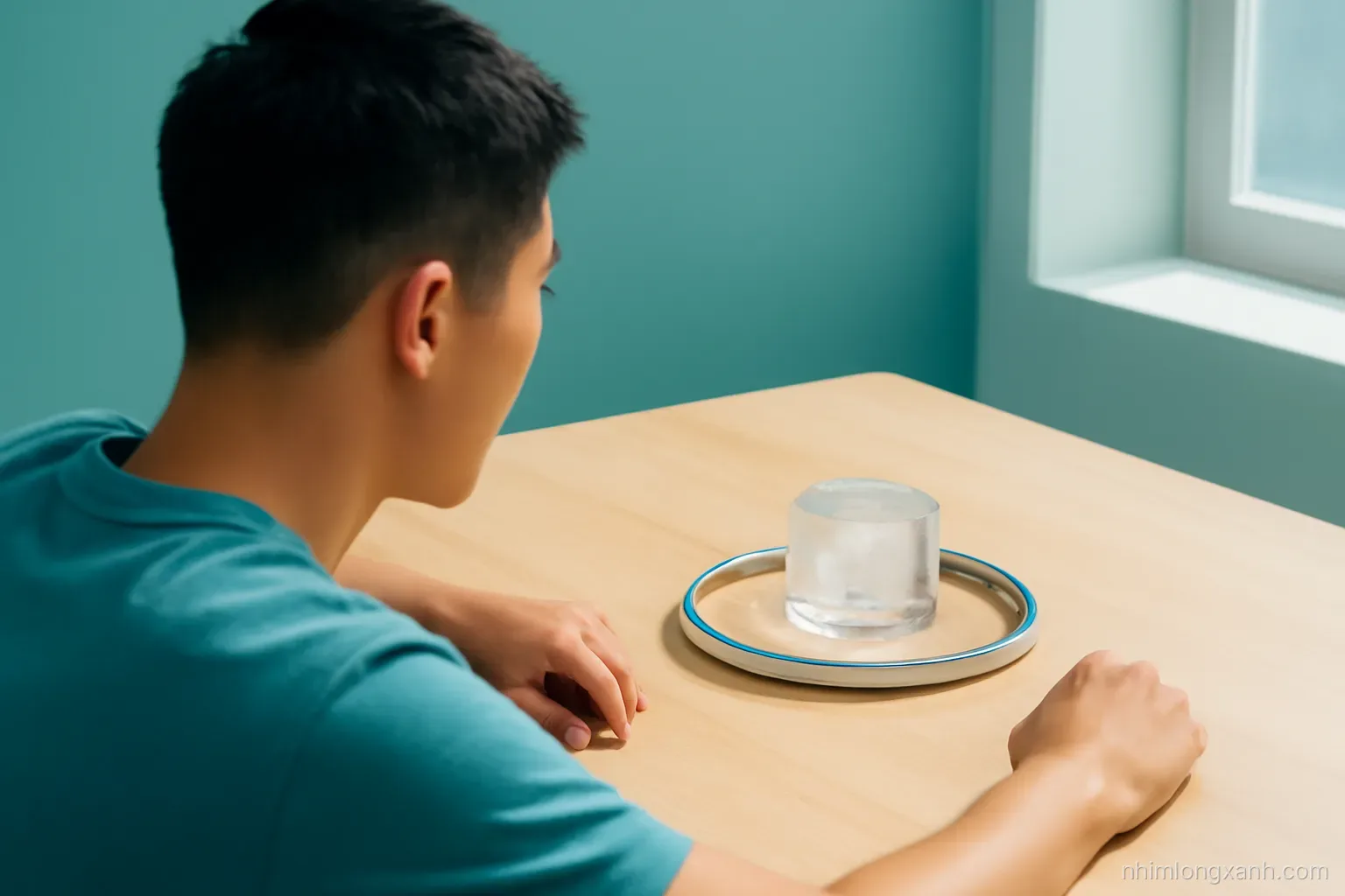 Over-the-shoulder shot of a young Vietnamese man watching an ice cube melt on a thick silver bangle on a wooden table, bright afternoon light, teal and silver palette