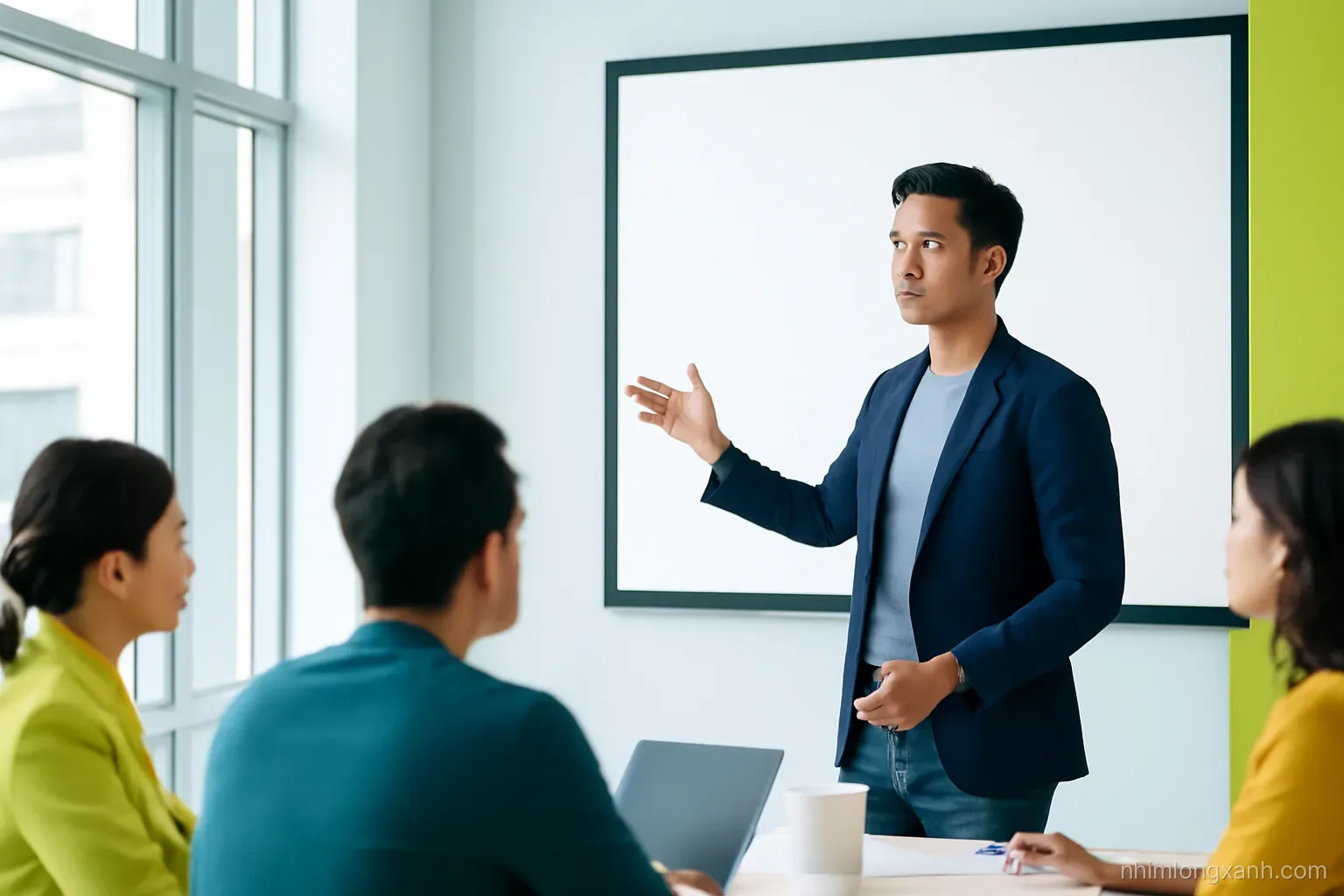 Side profile medium shot of a young Vietnamese man gesturing beside a large glowing blank projection screen in a modern meeting room, colleagues listening, crisp daylight, navy and lime accents