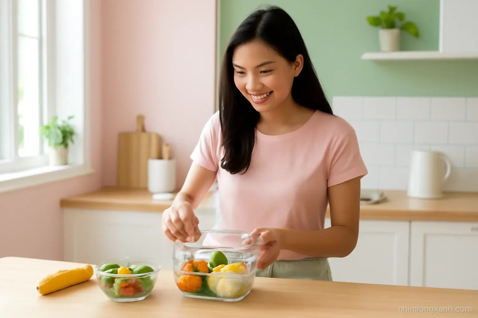 Bright wide shot of a young Vietnamese woman packing a homemade lunch into a glass container in a small sunlit kitchen, pastel pink and fresh green palette, eye-level view