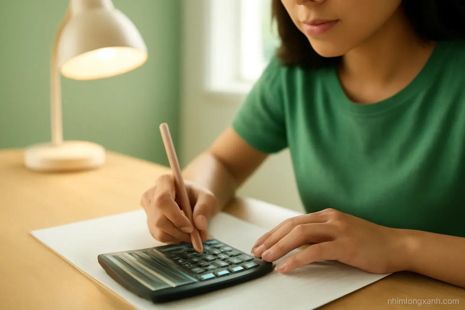 Close-up of a Vietnamese student hand holding a pencil above a calculator and blank grid paper on a wooden desk, warm lamp light, green and cream colors