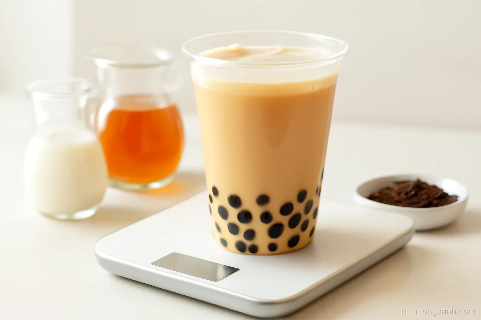 Close-up macro of a clear plastic cup of milk tea with tapioca pearls on a small white kitchen scale, tea leaves nearby, bright white counter, caramel and cream tones