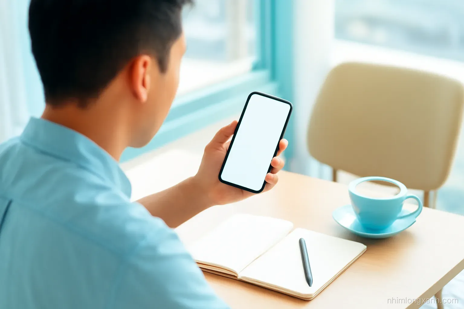 Over-the-shoulder view of a Vietnamese man at a bright cafe table holding a smartphone with a blank glowing screen, notebook and pen beside, airy daylight, sky blue and cream tones
