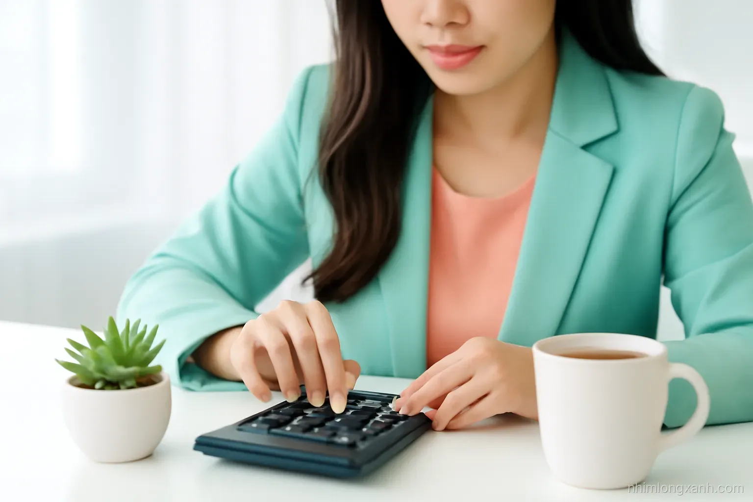 Vietnamese young accountant tapping a calculator beside a small potted succulent and coffee cup on a white desk, macro close-up of fingers, crisp daylight, mint and coral accents