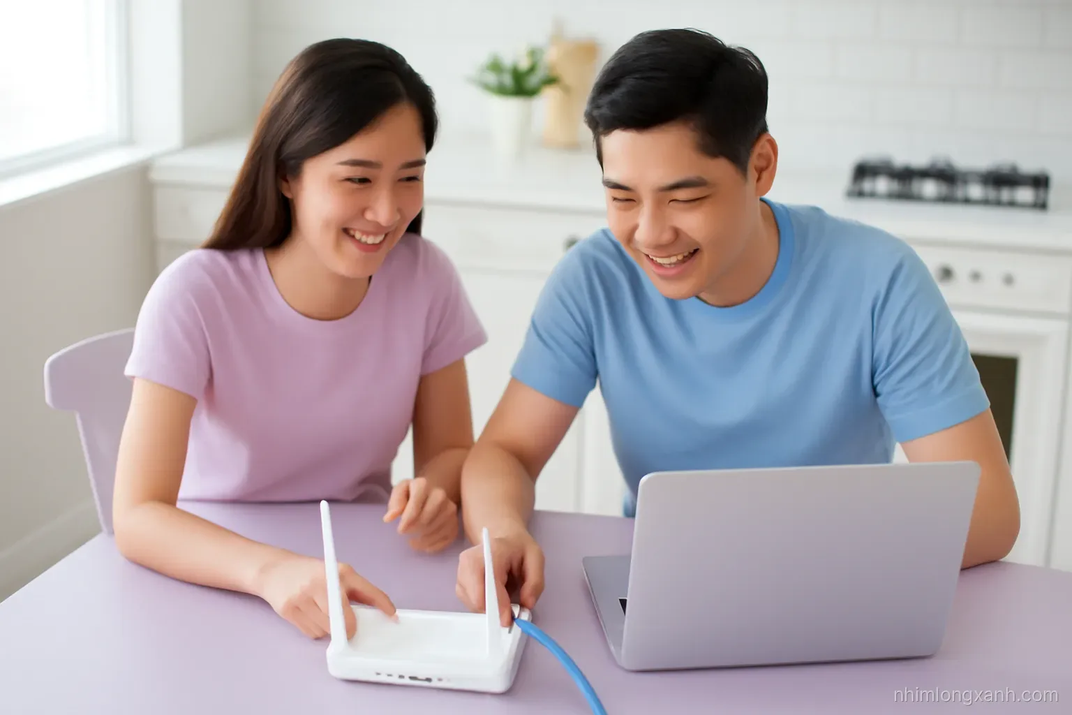 Overhead shot of a young Vietnamese couple at a sunny kitchen table plugging a blue cable into a router beside a laptop with blank glowing screen, lavender tones