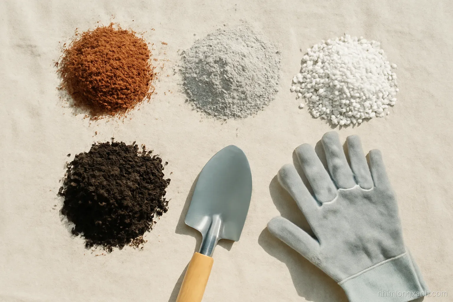 Top-down flat lay of soil ingredients in separate piles on a canvas tarp: coco coir, rice husk ash, white perlite, dark compost, a trowel and gardening gloves, bright daylight