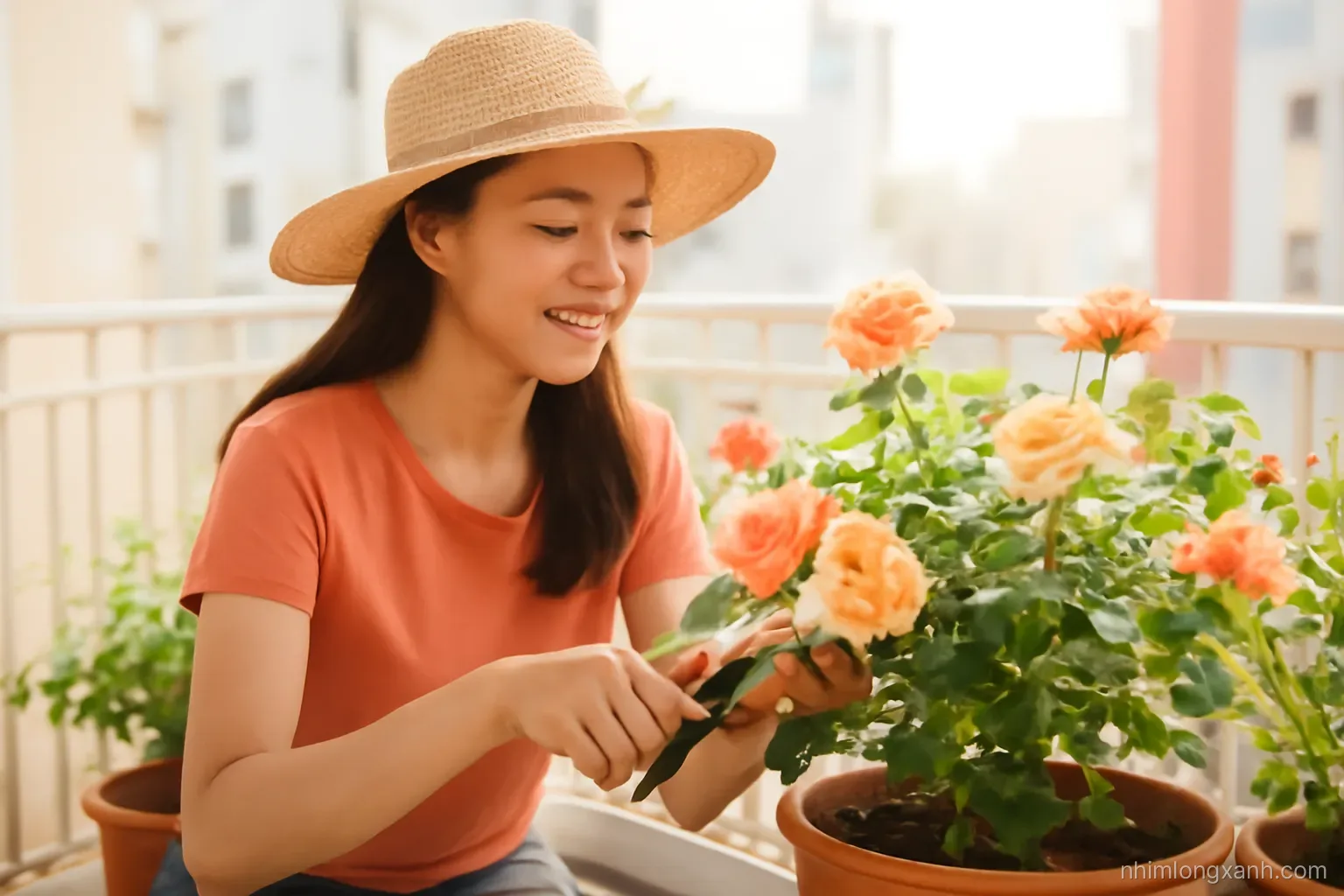 Eye-level medium shot of a Vietnamese woman in a straw hat deadheading peach roses in large terracotta pots on a narrow apartment balcony, morning backlight, warm coral tones