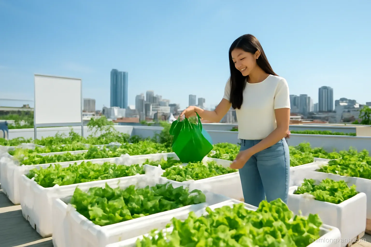 Wide shot of a sunny Vietnamese rooftop garden with rows of white foam boxes full of leafy greens, a young woman watering with a green can, blue sky