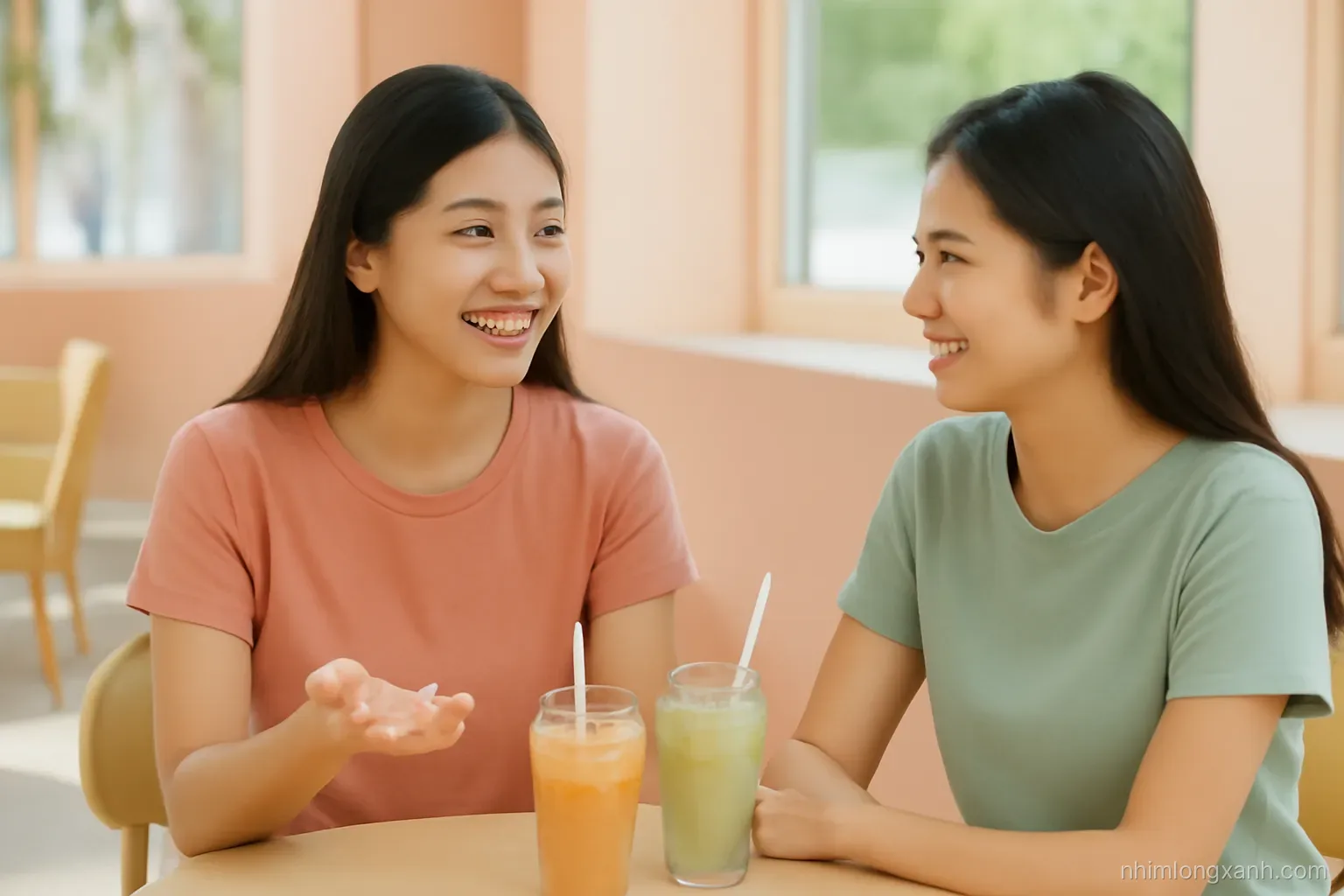 Medium shot of two young Vietnamese friends talking at a sunny cafe table, one smiling gently with an open palm gesture, iced drinks, pastel peach and sage tones, relaxed atmosphere