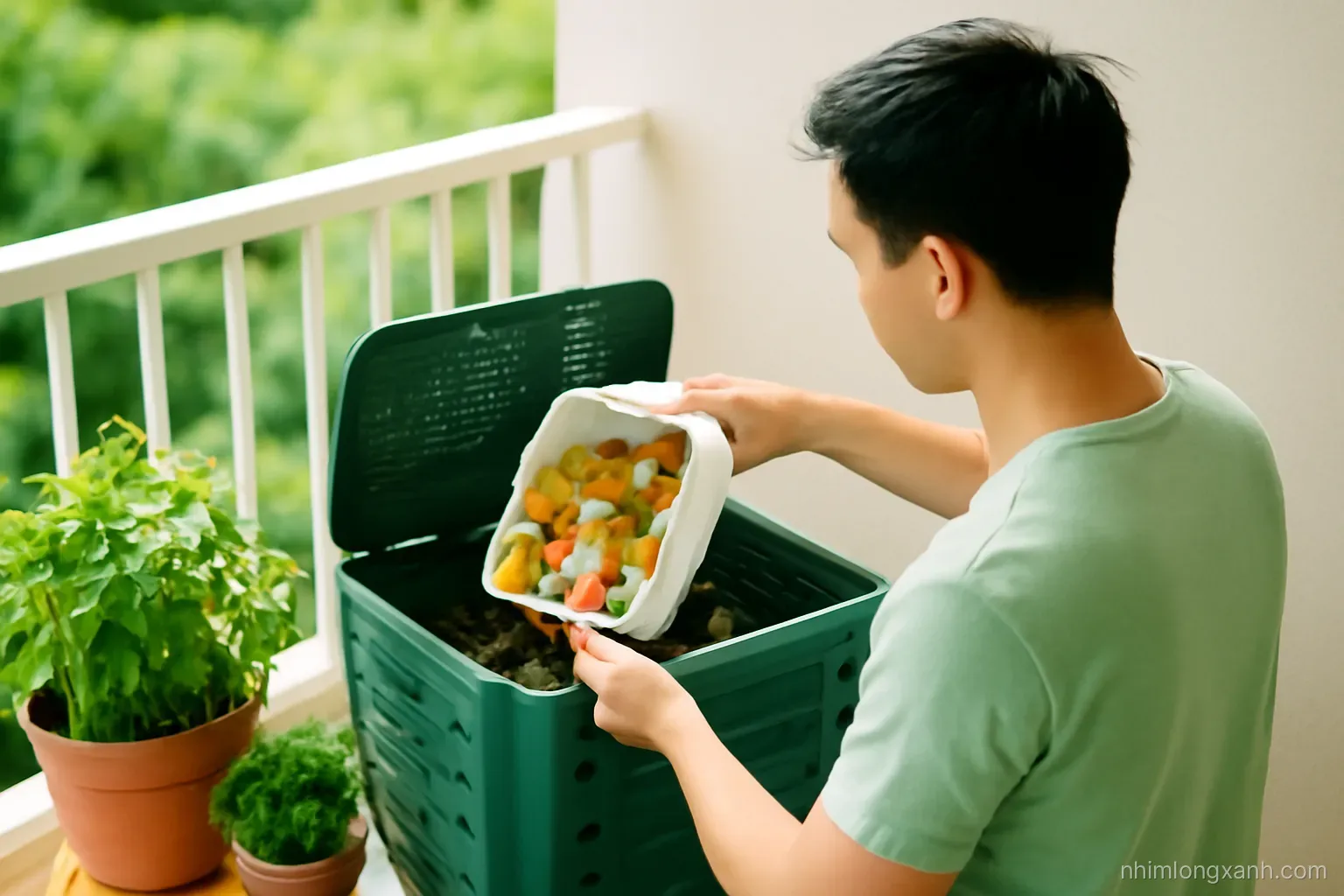 Over-the-shoulder shot of a Vietnamese man adding vegetable peels and dry leaves into a ventilated plastic compost bin on a sunny balcony, potted herbs beside, fresh green tones