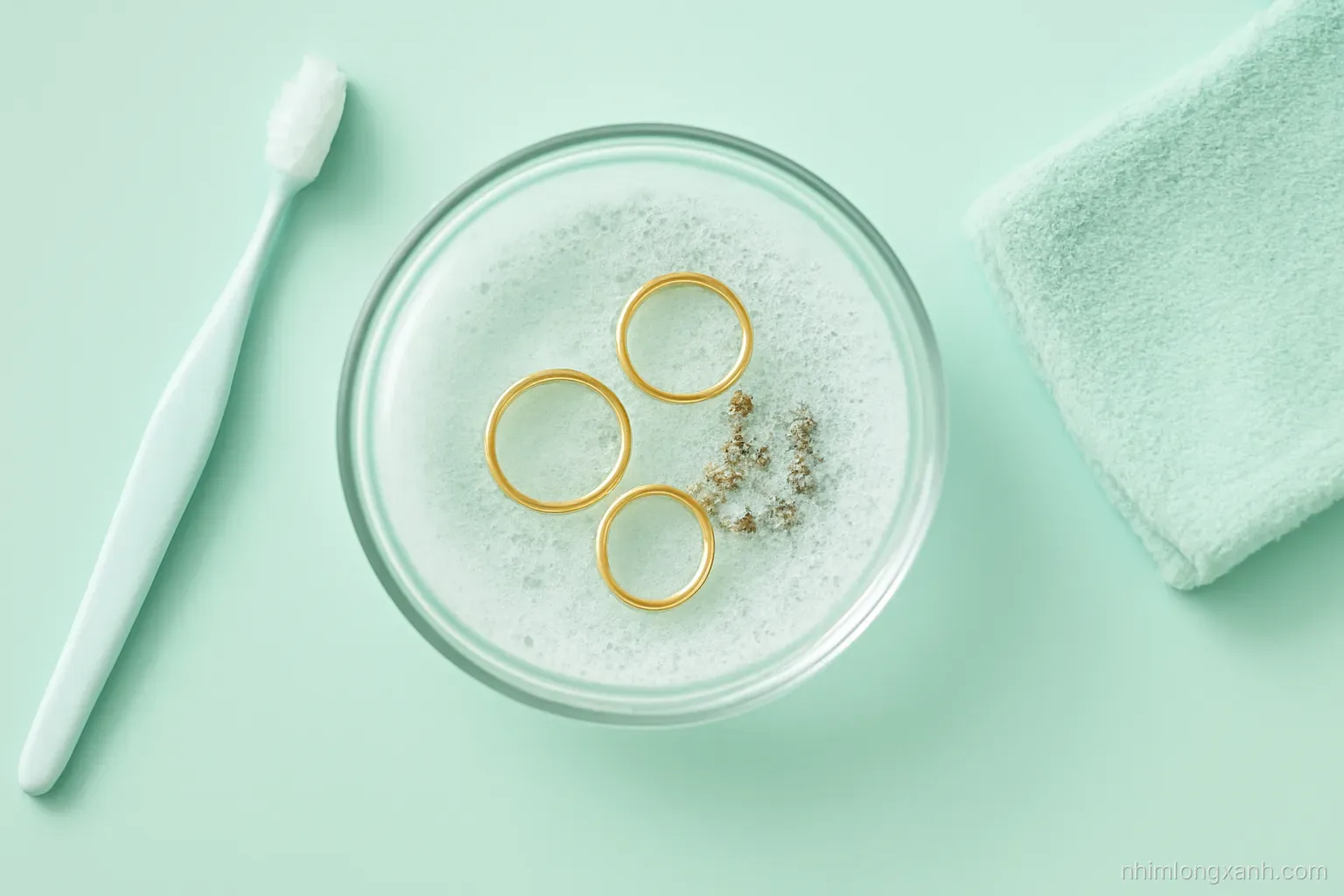 Top-down view of gold rings and a silver chain soaking in a small glass bowl of soapy water beside a soft toothbrush and microfiber cloth on a mint green counter
