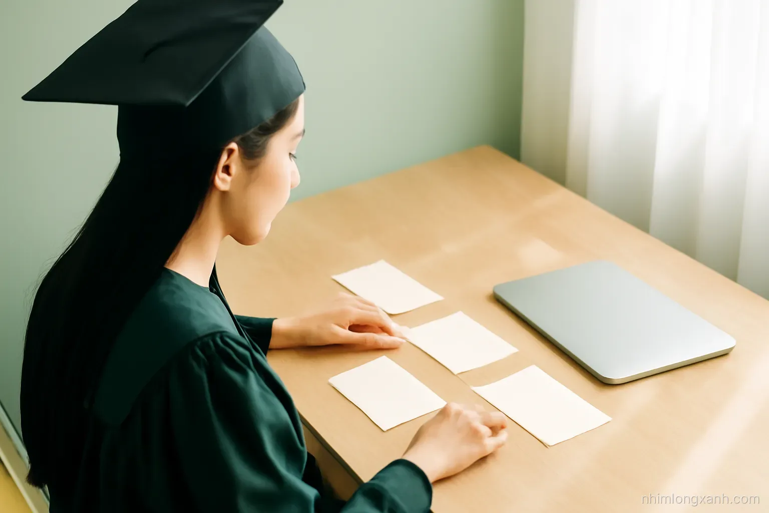 Over-the-shoulder view of a young Vietnamese graduate arranging blank cream cards on a light oak desk beside a closed laptop, morning sunlight, sage green and warm white palette