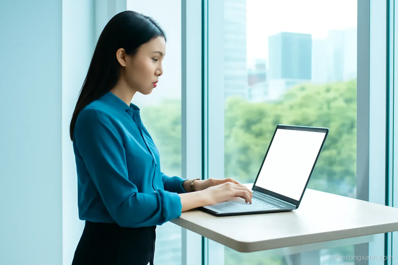 Side view of a focused young Vietnamese office worker at a standing desk by a large window, typing on a laptop with a blank glowing screen, city greenery outside, cool white and teal tones