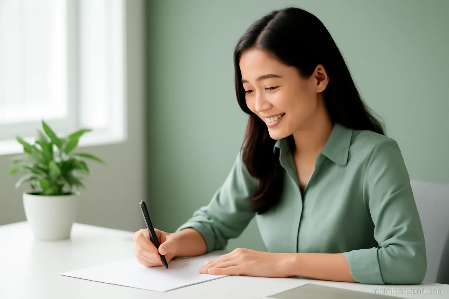 Side view of a young Vietnamese office worker at a bright white desk holding a pen above blank sheets, focused smile, potted plant nearby, clean sage green palette