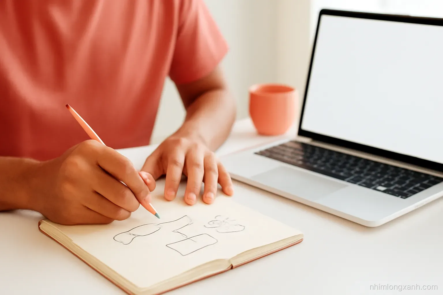 Close-up of a Vietnamese man’s hands sketching arrows and boxes with a pencil in a notebook beside a laptop with a blank glowing screen, coral and cream palette, soft daylight