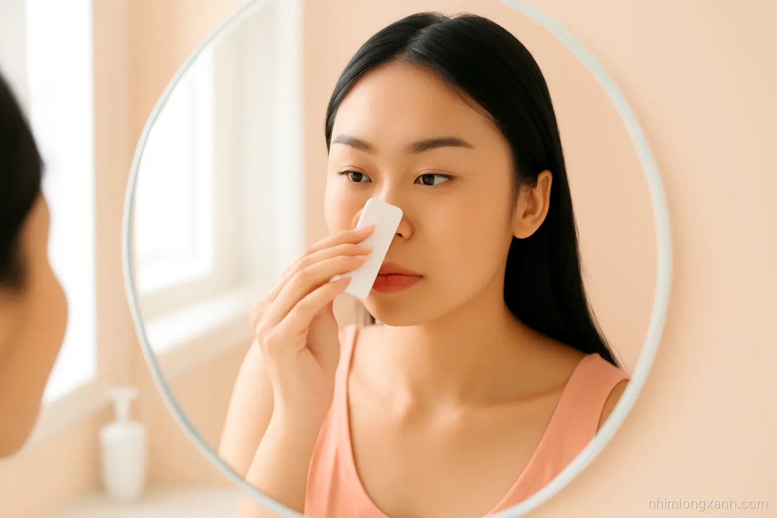 Close-up of a young Vietnamese woman pressing a small sheet of blotting paper onto her nose in front of a round bathroom mirror, bright natural daylight, soft peach tones