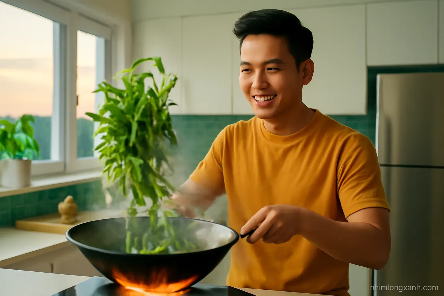 Action shot of a Vietnamese man tossing bright green water spinach with garlic in a smoking wok over high flame, home kitchen at dusk, emerald and warm orange glow