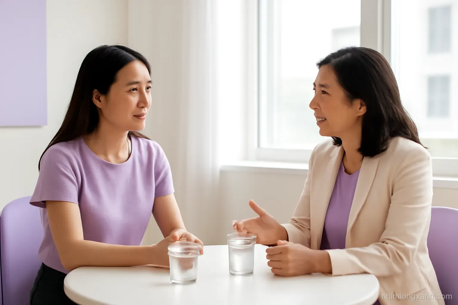 Eye-level shot of a Vietnamese female employee and her manager talking calmly at a small round table near a window, two glasses of water between them, airy daylight, lavender and cream palette