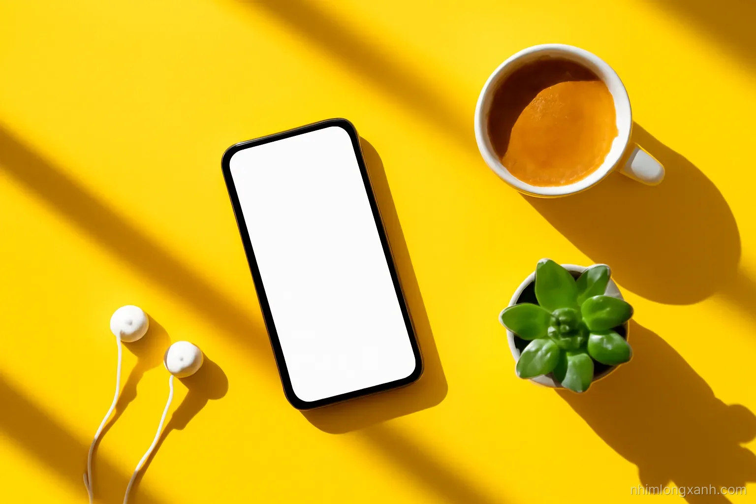 Top-down flat lay of a smartphone with glowing empty screen, a cup of coffee, earphones and a small succulent on a sunny yellow table, bold graphic shadows, playful modern look