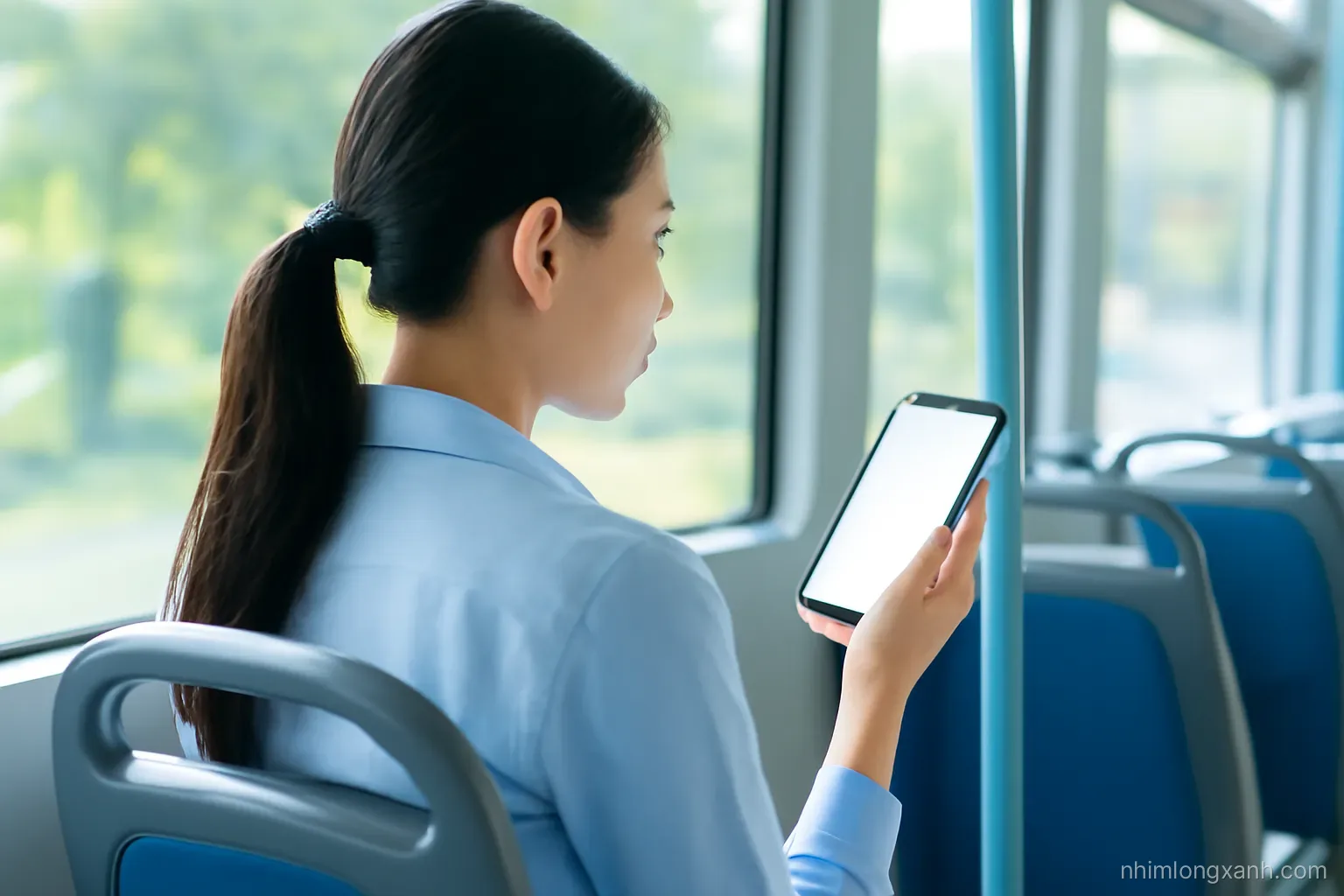 Over-the-shoulder view of a Vietnamese office worker on a city bus holding a phone with glowing empty screen, blurred green trees outside the window, morning light, soft blue palette