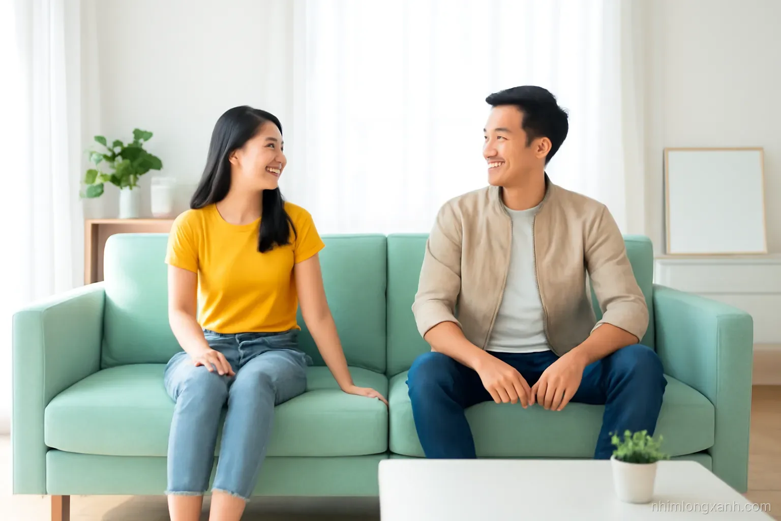 Wide shot of a young Vietnamese couple sitting on opposite ends of a mint green sofa, turning toward each other to talk, soft afternoon window light, airy modern living room