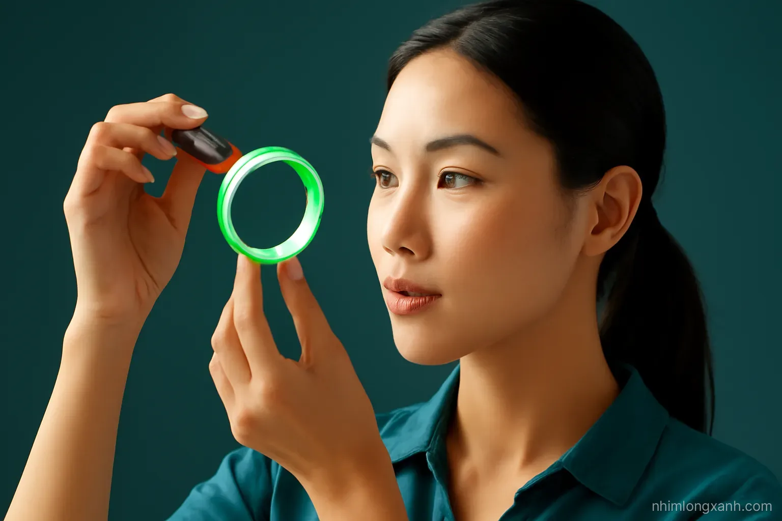 Close-up of a Vietnamese woman holding a translucent green jade bangle up to a small flashlight beam, dark teal backdrop, glowing rim light, emerald and charcoal palette