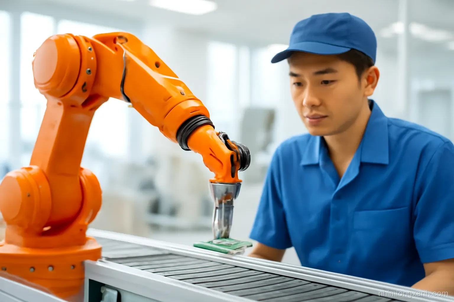 Close-up of an orange six-axis robotic arm placing a small circuit board onto a conveyor in a bright clean factory, Vietnamese technician in blue uniform watching, cool white light, orange and steel grey palette