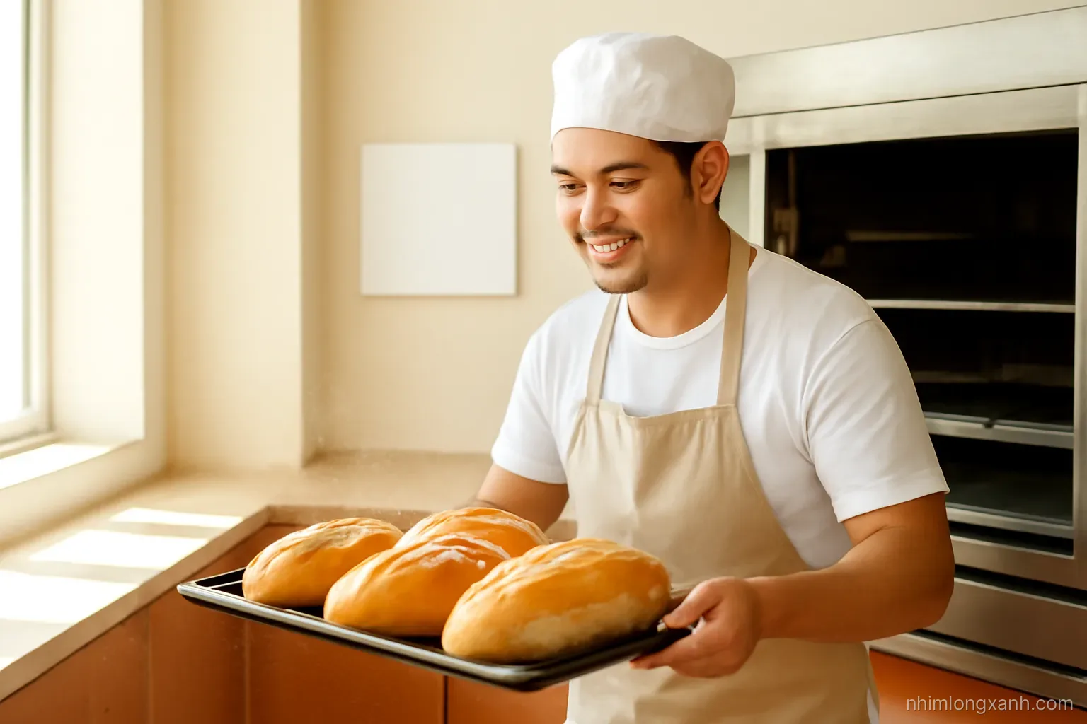Medium shot of a Vietnamese baker in a sunny modern bakery pulling a tray of golden bread from an oven, flour dust in the air, warm cream and terracotta palette, side window light