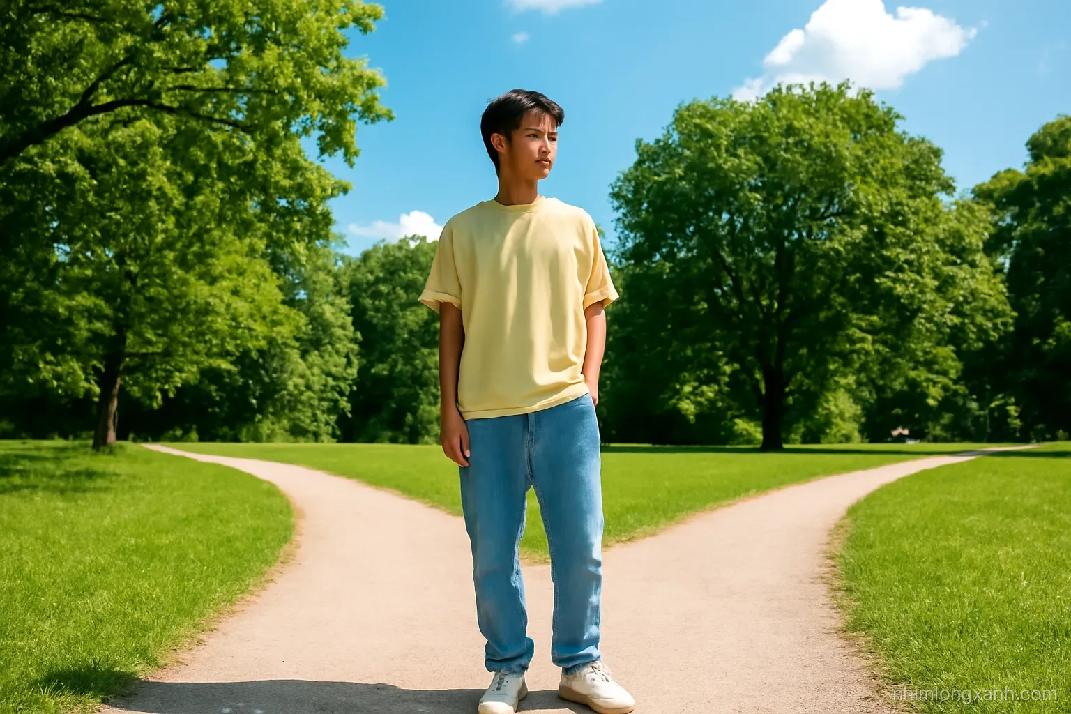 Low angle view of a Vietnamese teenage boy standing at a fork in a sunlit park path, looking thoughtfully at two directions, lush green trees, bright blue sky, fresh summer palette